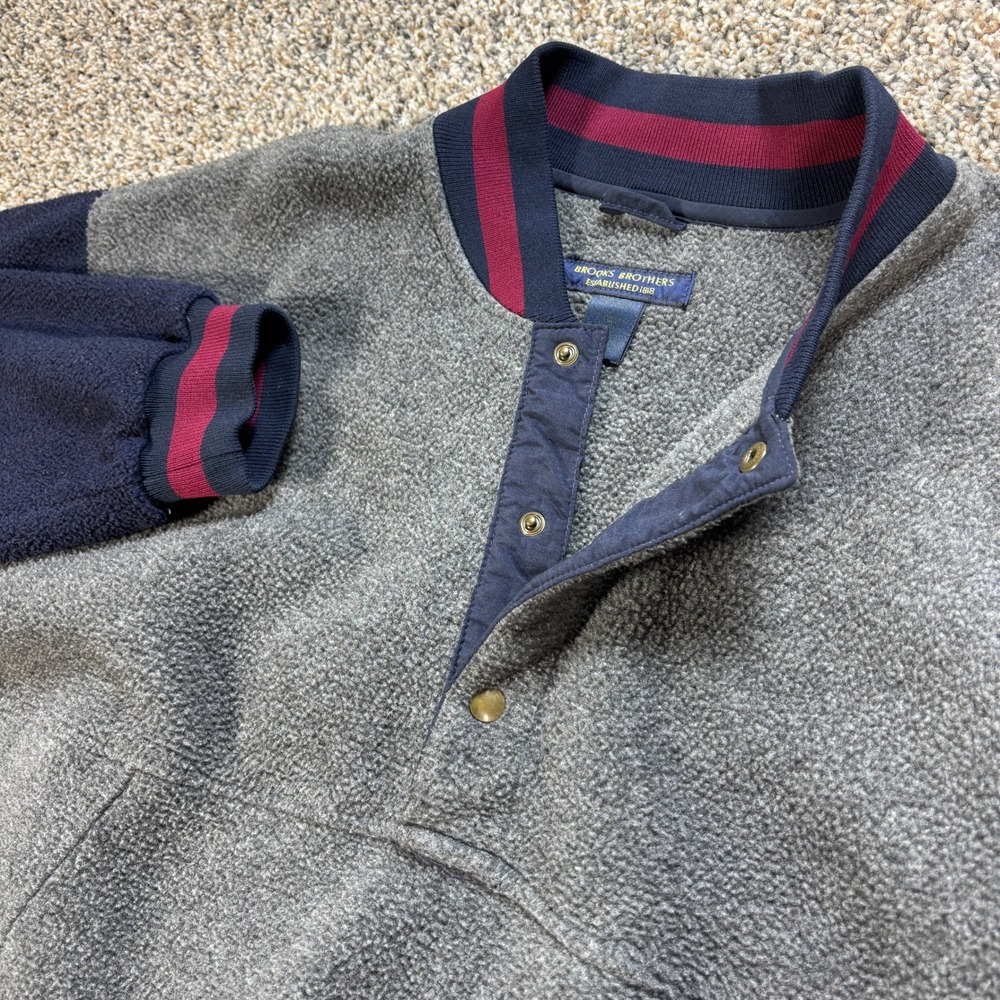Brooks Brothers Men's XL Fleece Pullover Grey Navy Snap Mock Neck Polyester